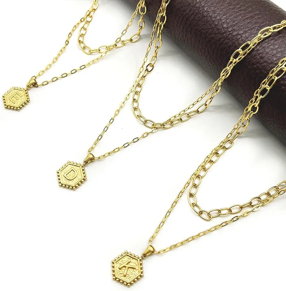 Dainty Gold Necklace for Women - 18K Solid Gold Over Layering Necklaces for Women Cute Hexagon Letter Initial Necklaces