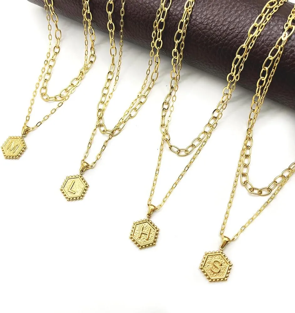 Dainty Gold Necklace for Women - 18K Solid Gold Over Layering Necklaces for Women Cute Hexagon Letter Initial Necklaces