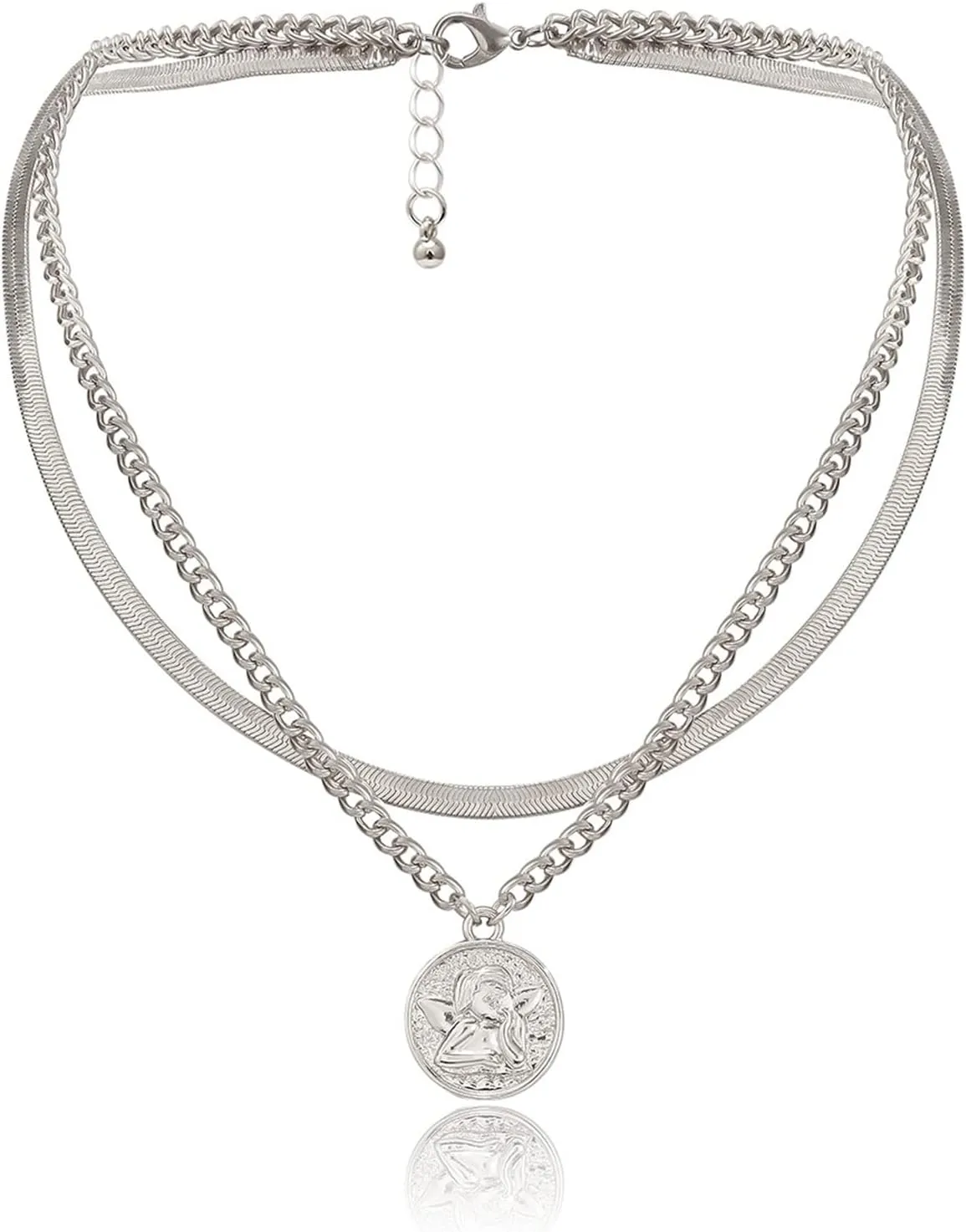 Dainty Layered Necklaces for Women, Layered Necklaces for Women Silver 2 Layer Snake Chain Angel Relief Design Friendship