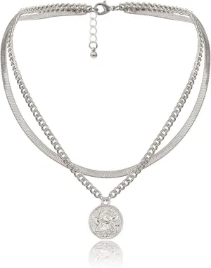 Dainty Layered Necklaces for Women, Layered Necklaces for Women Silver 2 Layer Snake Chain Angel Relief Design Friendship
