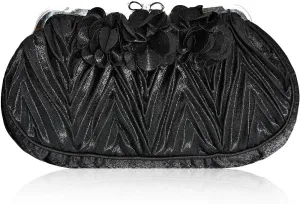 Damara Womens Pintuck Satin Flower Clutch Evening Party Purse,Black