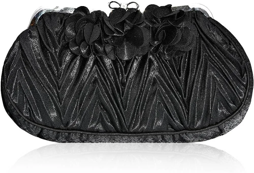 Damara Womens Pintuck Satin Flower Clutch Evening Party Purse,Black