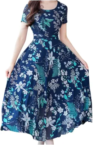 Dresses for Women 2024 Fashion Print Short Sleeve Summer Maxi Dress Casual Plus Size Long A Line Boho Beach Floral Midi Dress
