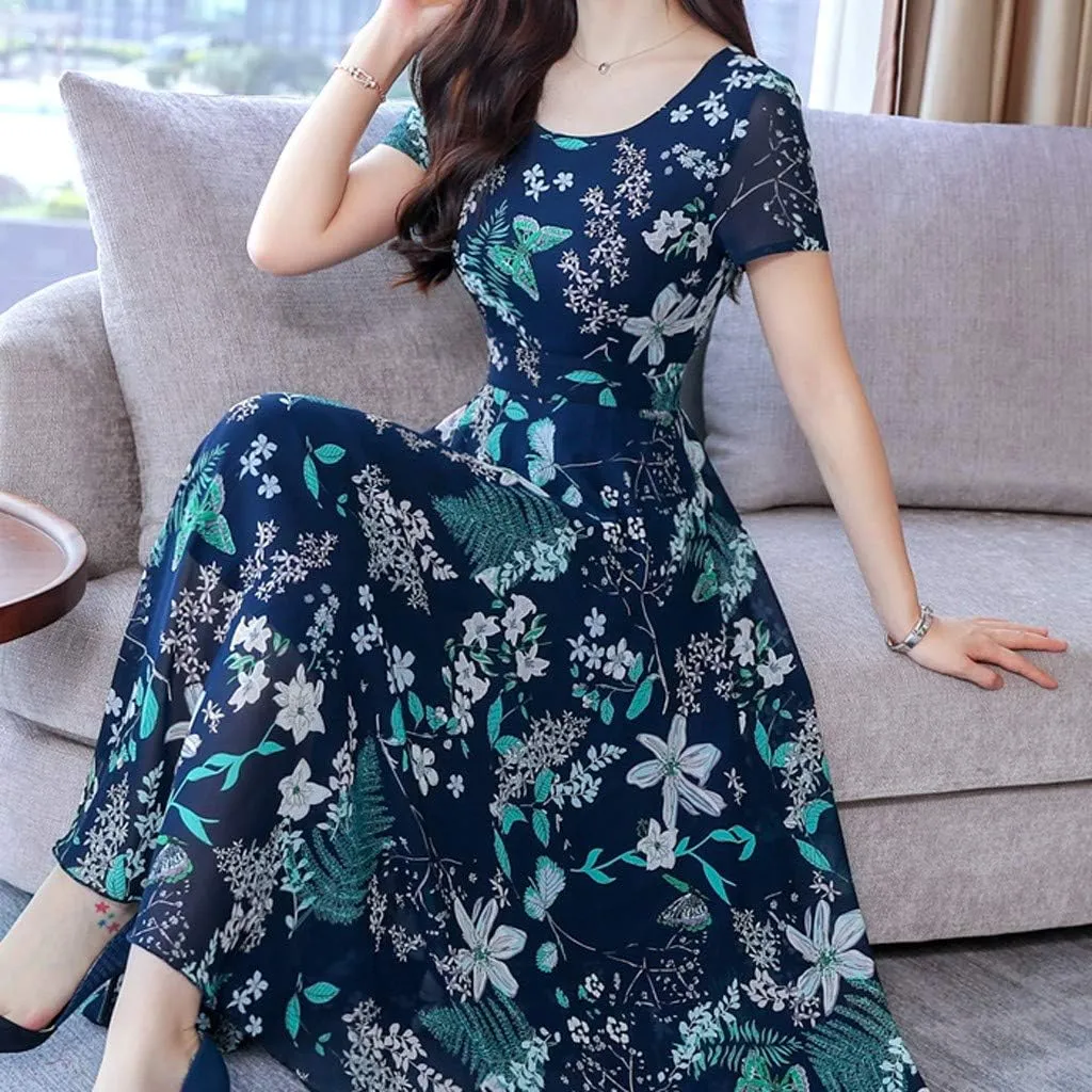 Dresses for Women 2024 Fashion Print Short Sleeve Summer Maxi Dress Casual Plus Size Long A Line Boho Beach Floral Midi Dress