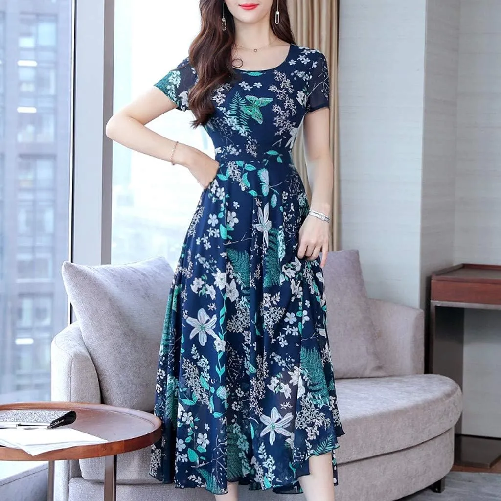 Dresses for Women 2024 Fashion Print Short Sleeve Summer Maxi Dress Casual Plus Size Long A Line Boho Beach Floral Midi Dress