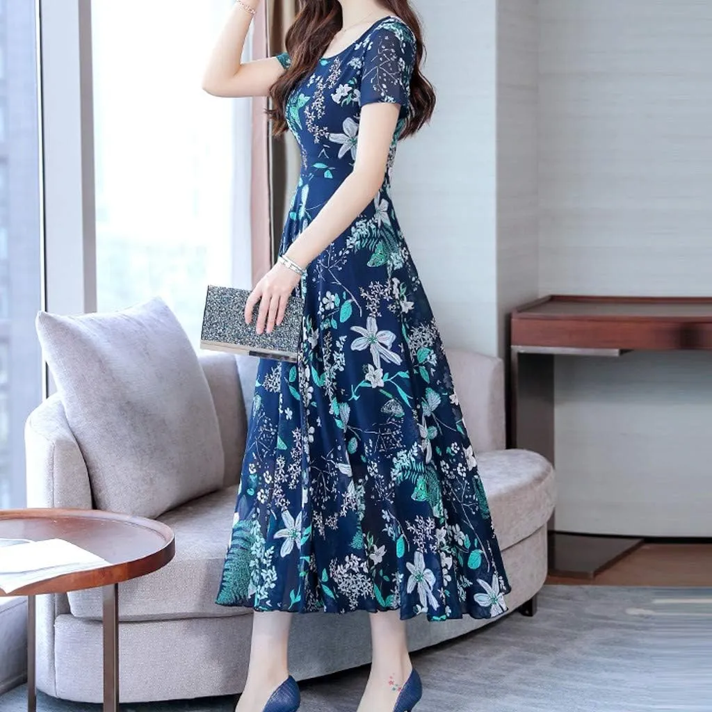 Dresses for Women 2024 Fashion Print Short Sleeve Summer Maxi Dress Casual Plus Size Long A Line Boho Beach Floral Midi Dress