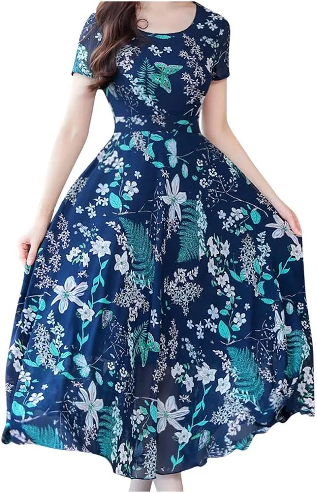 Dresses for Women 2024 Fashion Print Short Sleeve Summer Maxi Dress Casual Plus Size Long A Line Boho Beach Floral Midi Dress