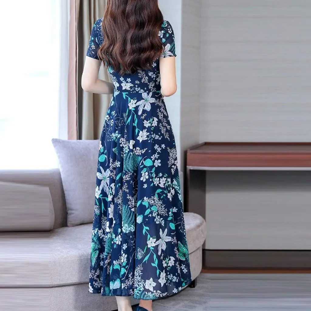 Dresses for Women 2024 Fashion Print Short Sleeve Summer Maxi Dress Casual Plus Size Long A Line Boho Beach Floral Midi Dress