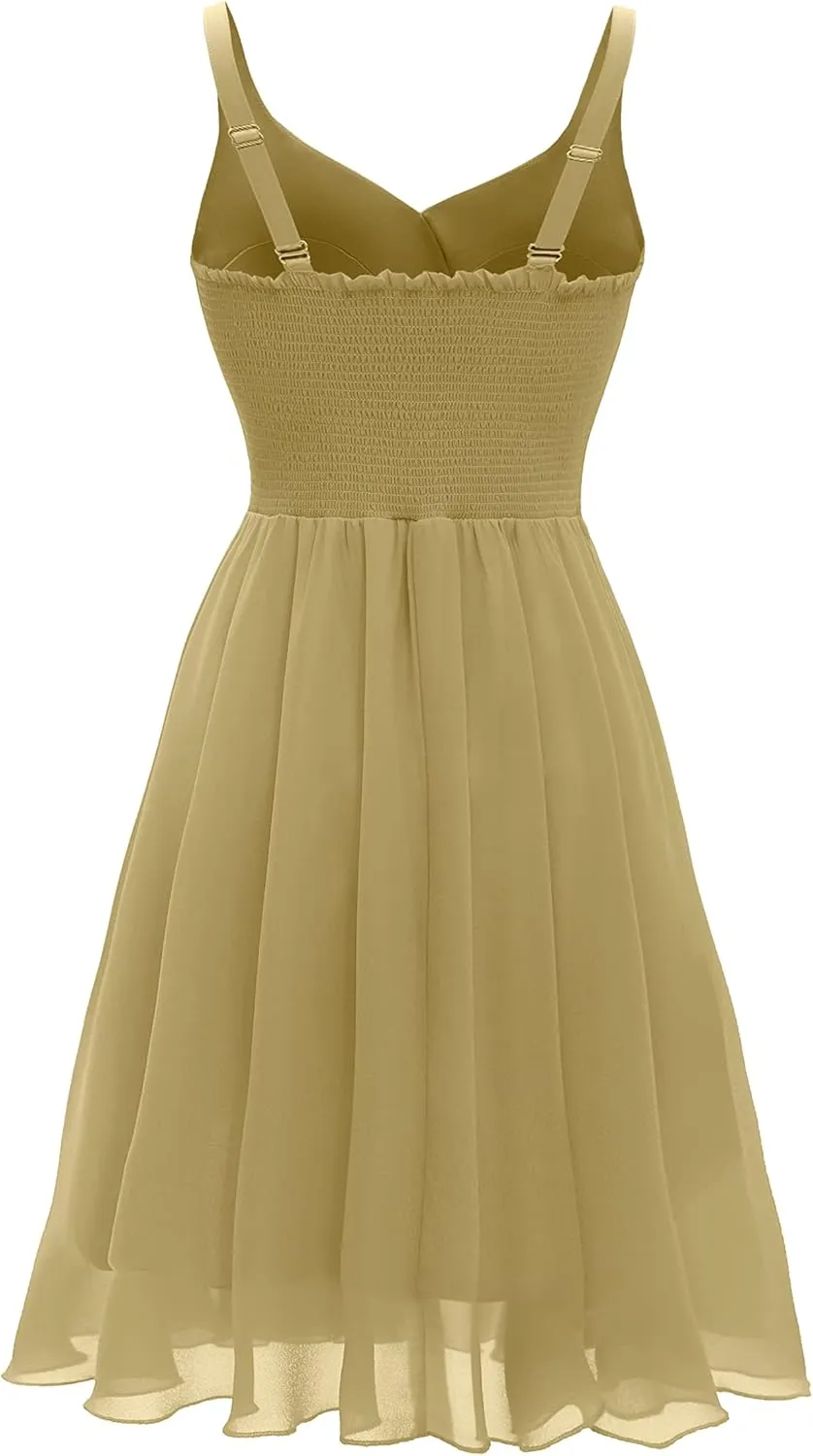 Dressever Summer Cocktail Dress V-Neck Adjustable Spaghetti Strap Chiffon Sundress