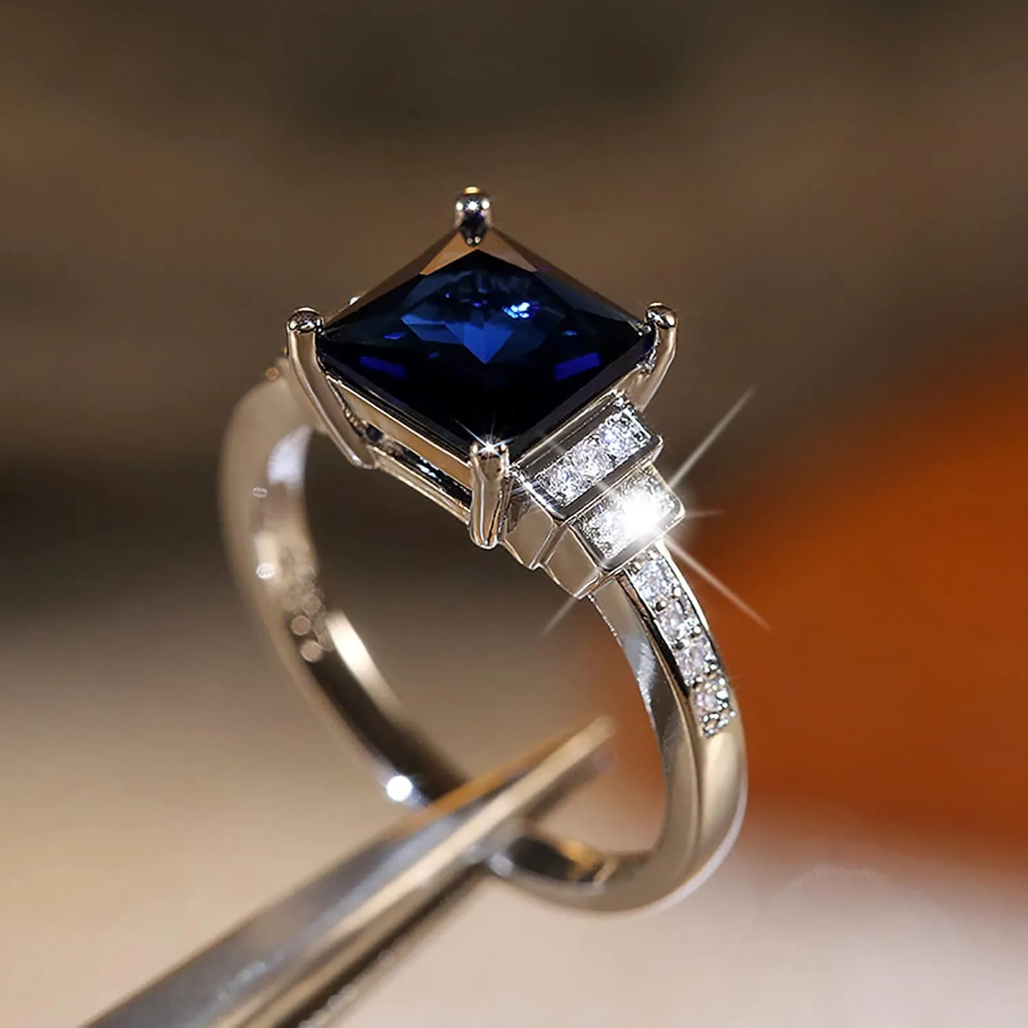 Elegant Women Squar Saphire Engagement Ring CZ Simulated Diamond Bridal Wedding Band Anniversary Rings Jewelry (Dark Blue, 9)