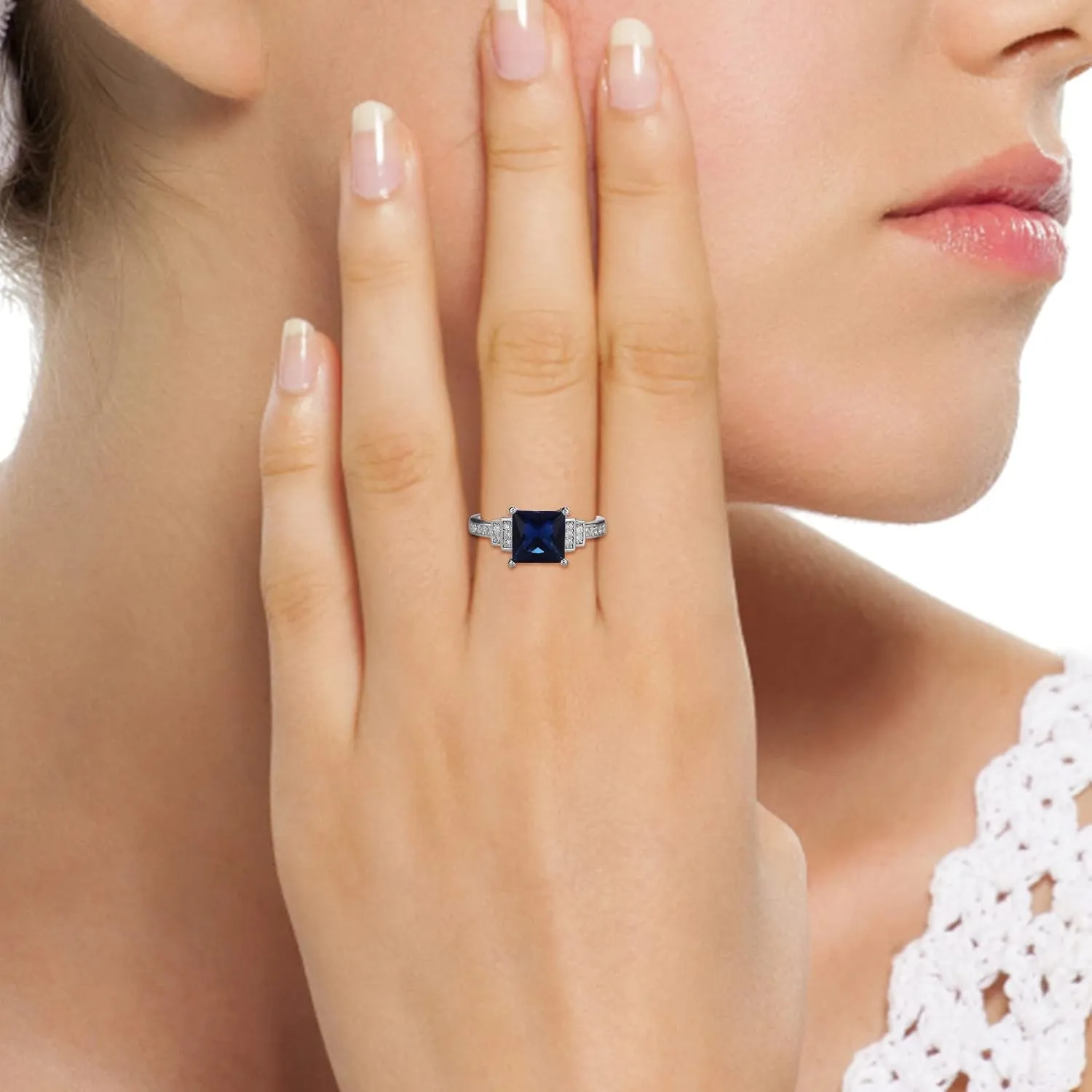 Elegant Women Squar Saphire Engagement Ring CZ Simulated Diamond Bridal Wedding Band Anniversary Rings Jewelry (Dark Blue, 9)