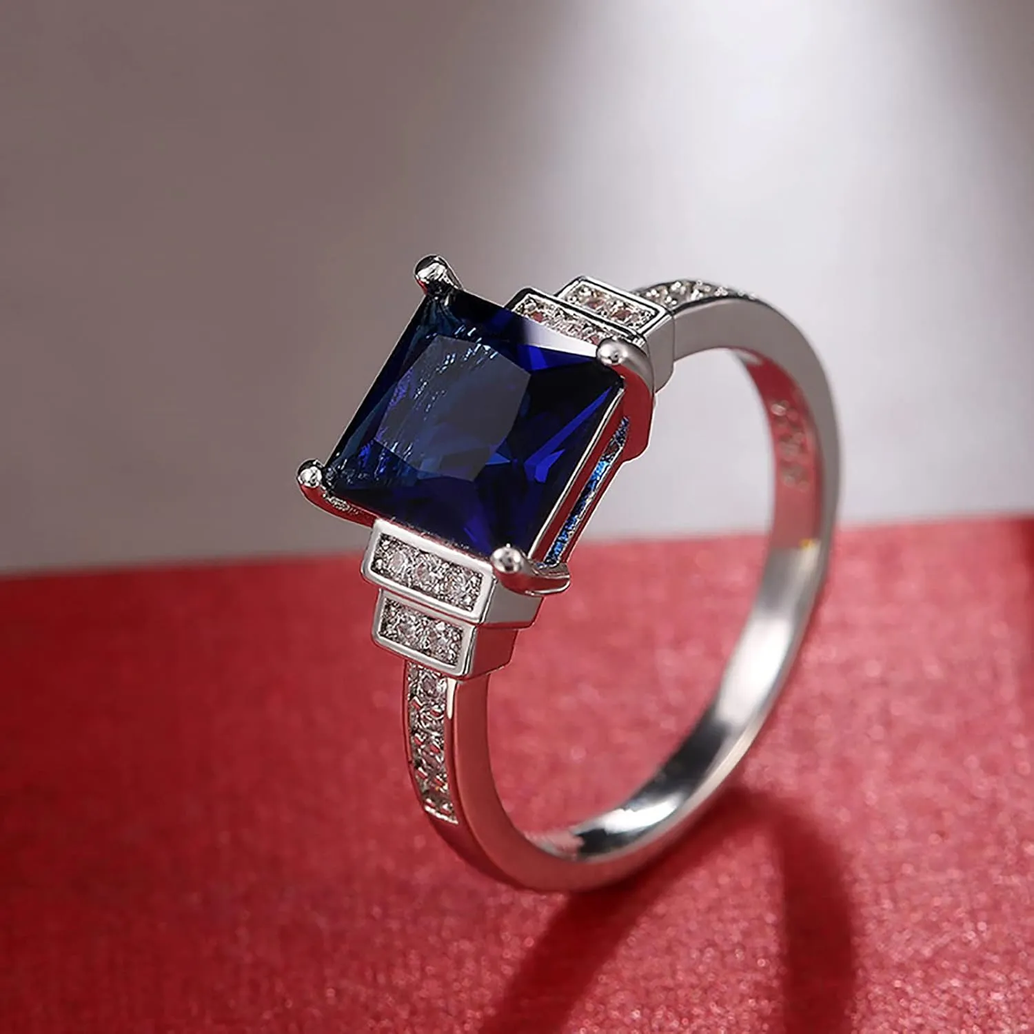 Elegant Women Squar Saphire Engagement Ring CZ Simulated Diamond Bridal Wedding Band Anniversary Rings Jewelry (Dark Blue, 9)