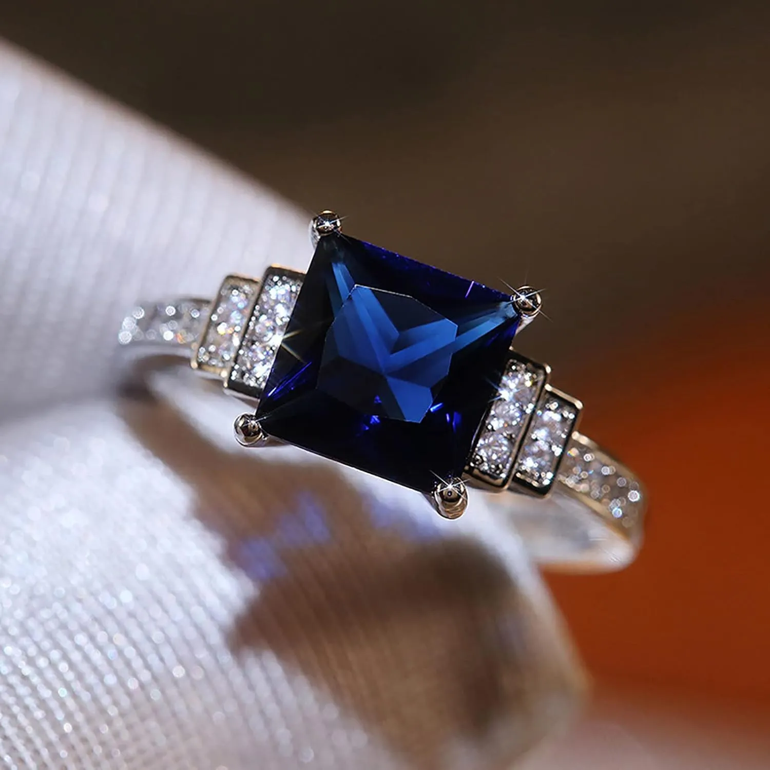 Elegant Women Squar Saphire Engagement Ring CZ Simulated Diamond Bridal Wedding Band Anniversary Rings Jewelry (Dark Blue, 9)