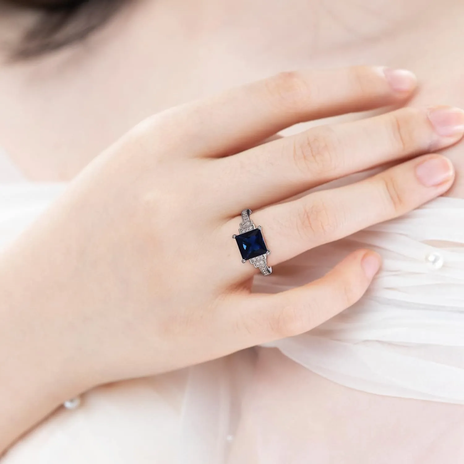 Elegant Women Squar Saphire Engagement Ring CZ Simulated Diamond Bridal Wedding Band Anniversary Rings Jewelry (Dark Blue, 9)
