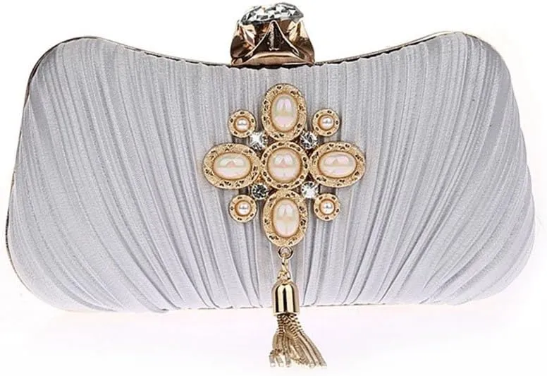 ELEOPTION Women Elegant Evening Clutch Purses With Pearl Tassel Satin Metal Frame For Cocktail Party Wedding Evening