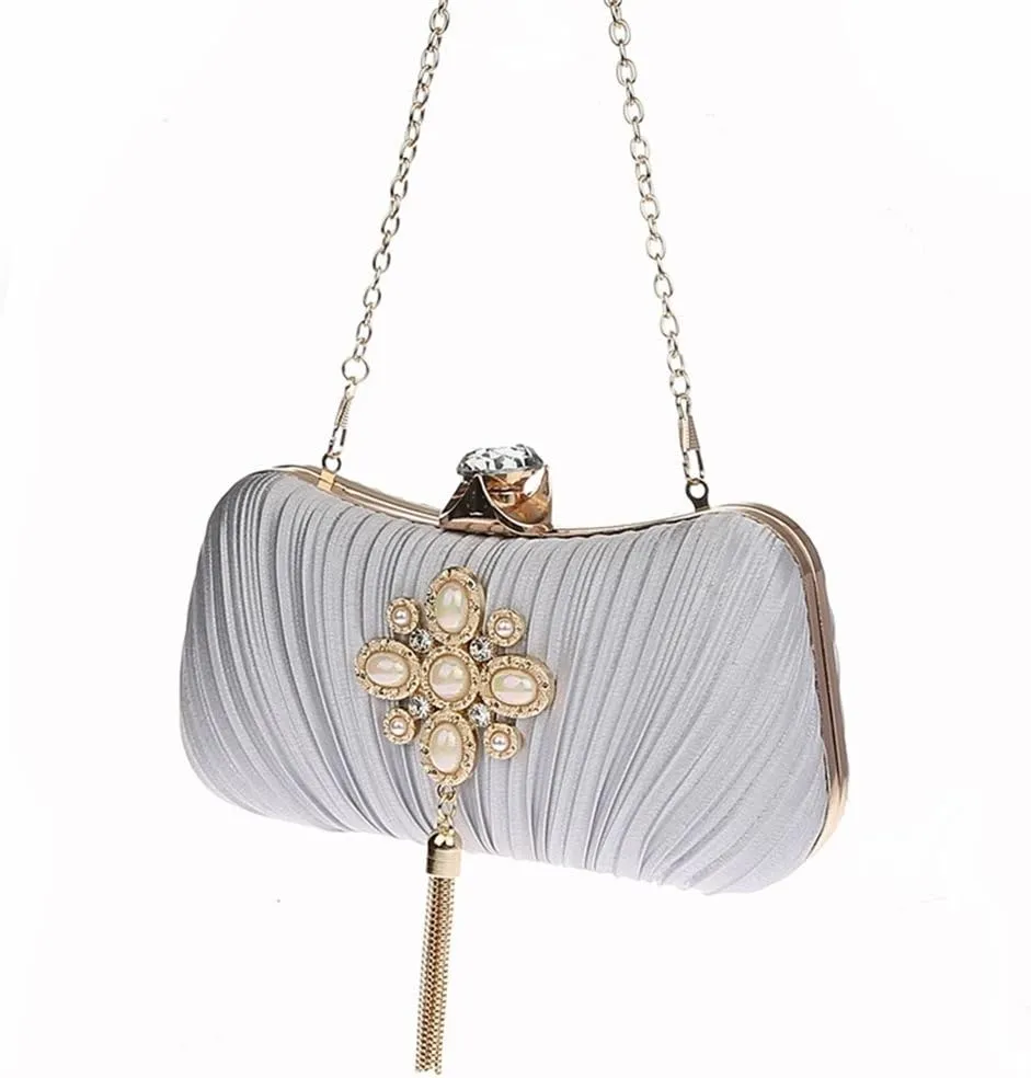 ELEOPTION Women Elegant Evening Clutch Purses With Pearl Tassel Satin Metal Frame For Cocktail Party Wedding Evening