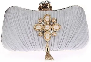 ELEOPTION Women Elegant Evening Clutch Purses With Pearl Tassel Satin Metal Frame For Cocktail Party Wedding Evening
