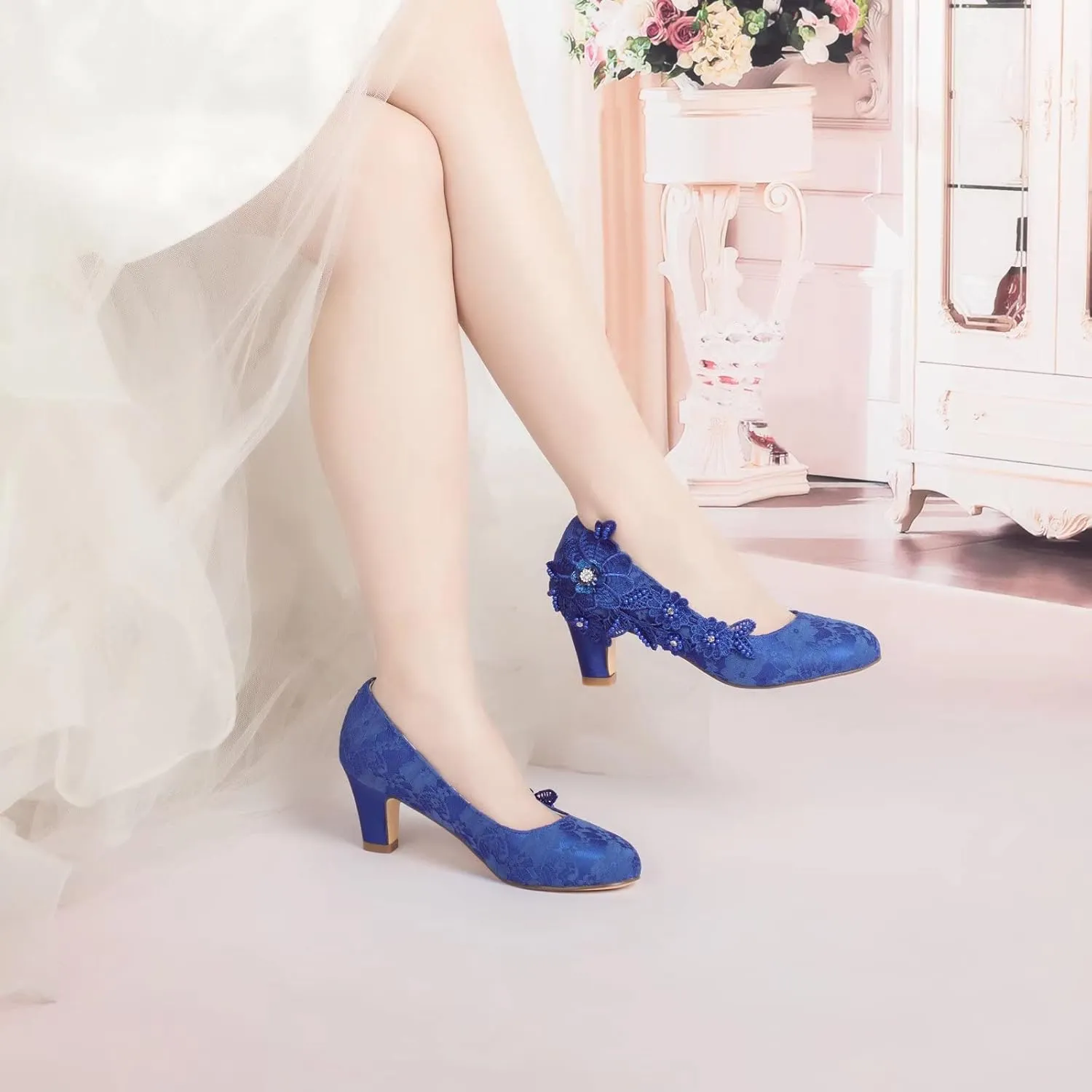 Emily Bridal Wedding Shoes Women's Silk Like Satin Chunky Heel Pumps with Stitching Lace Flower Crystal Pearl