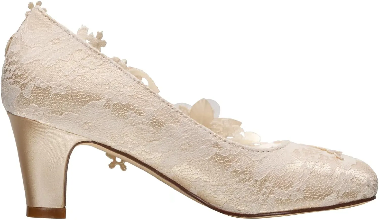 Emily Bridal Wedding Shoes Women's Silk Like Satin Chunky Heel Pumps with Stitching Lace Flower Crystal Pearl
