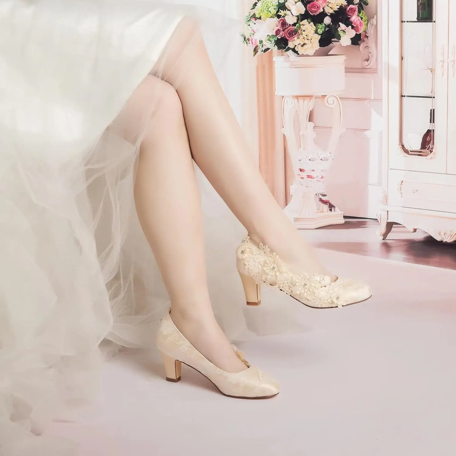 Emily Bridal Wedding Shoes Women's Silk Like Satin Chunky Heel Pumps with Stitching Lace Flower Crystal Pearl