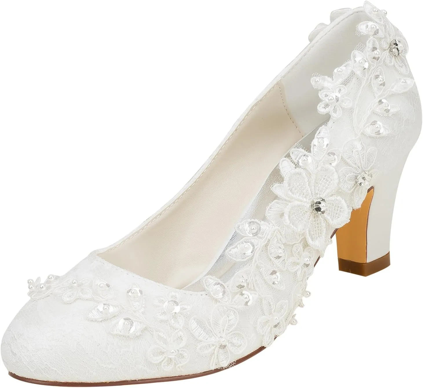 Emily Bridal Wedding Shoes Women's Silk Like Satin Chunky Heel Pumps with Stitching Lace Flower Crystal Pearl