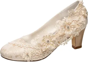 Emily Bridal Wedding Shoes Women's Silk Like Satin Chunky Heel Pumps with Stitching Lace Flower Crystal Pearl