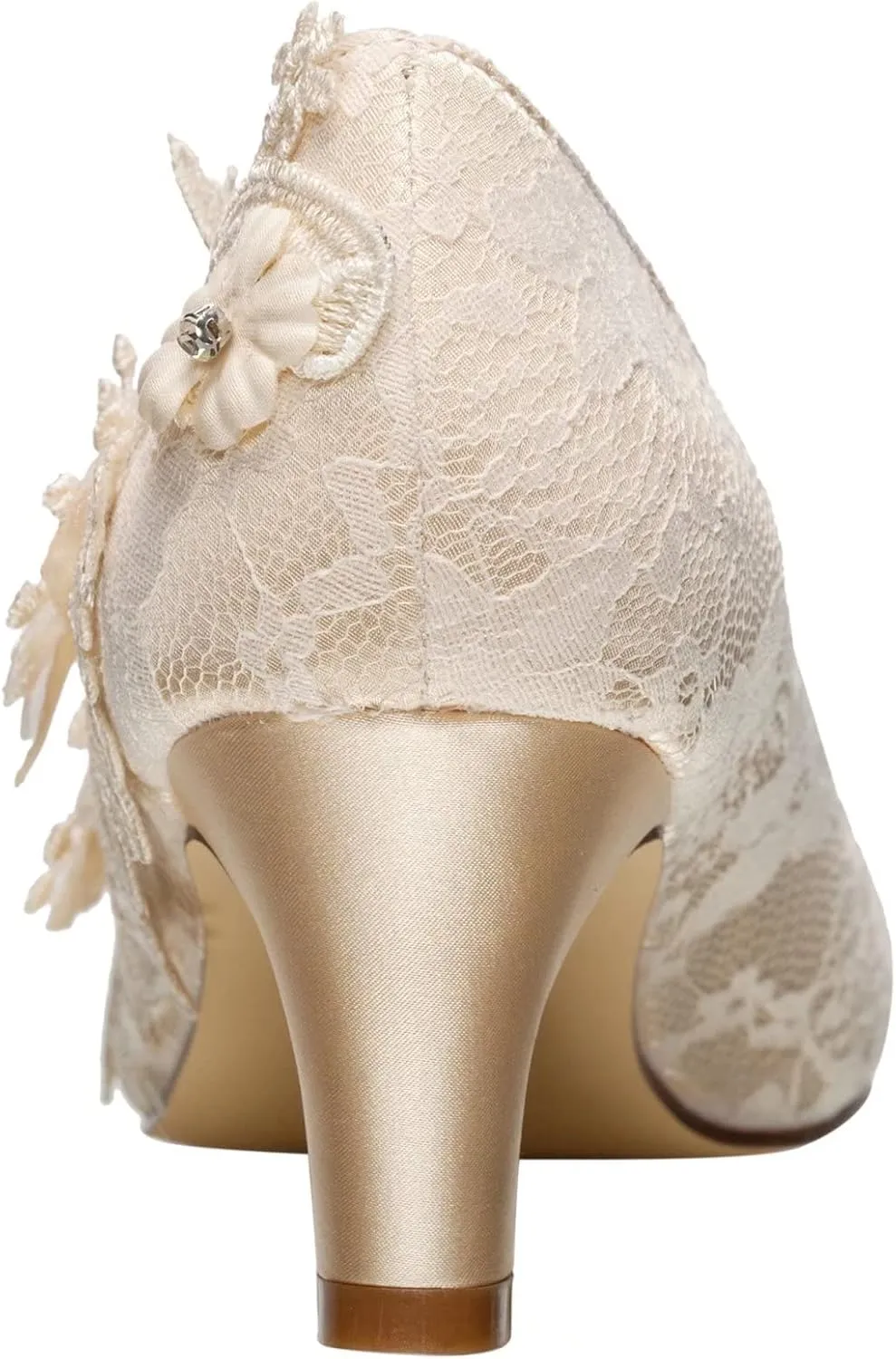 Emily Bridal Wedding Shoes Women's Silk Like Satin Chunky Heel Pumps with Stitching Lace Flower Crystal Pearl