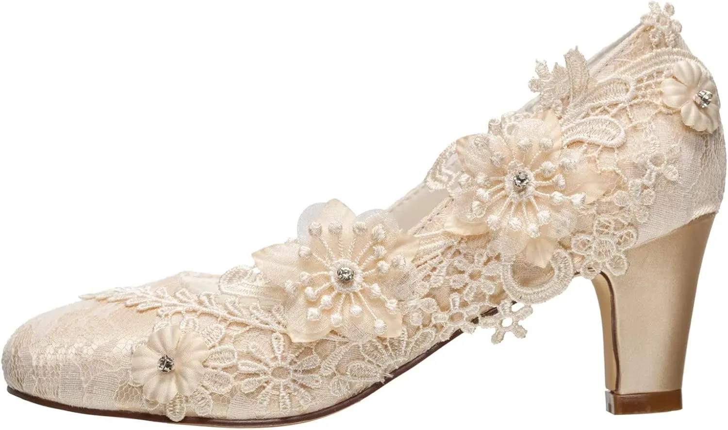 Emily Bridal Wedding Shoes Women's Silk Like Satin Chunky Heel Pumps with Stitching Lace Flower Crystal Pearl
