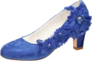 Emily Bridal Wedding Shoes Women's Silk Like Satin Chunky Heel Pumps with Stitching Lace Flower Crystal Pearl