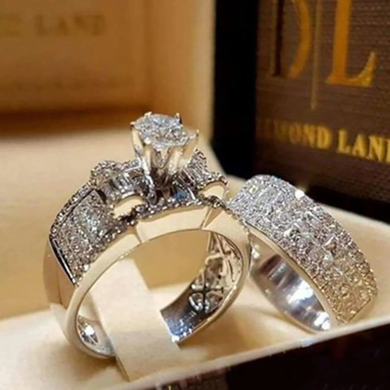 Engagement Ring Sets Silver Promise Couples Band Rings Cubic Zirconia Round Cut Wedding Anniversary Rings Bridal