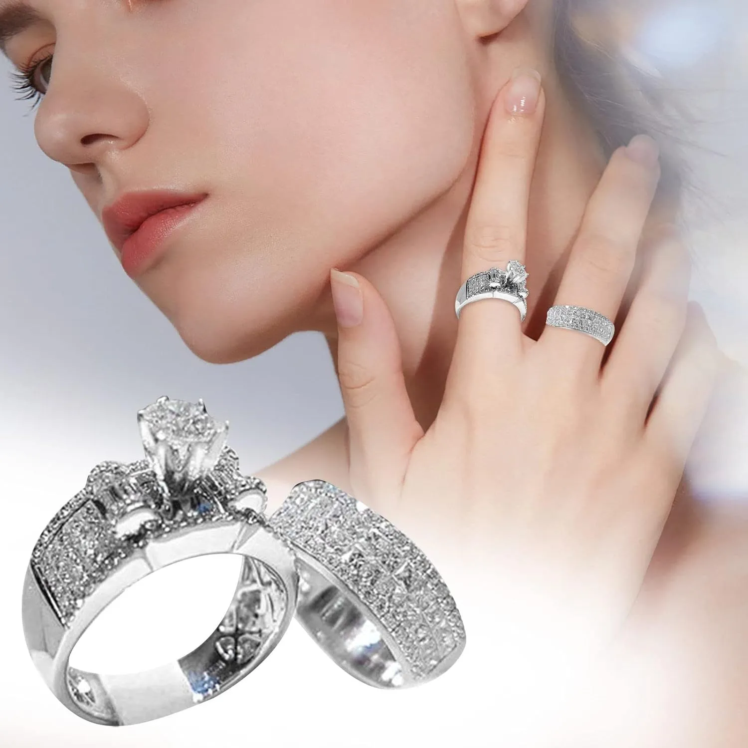 Engagement Ring Sets Silver Promise Couples Band Rings Cubic Zirconia Round Cut Wedding Anniversary Rings Bridal