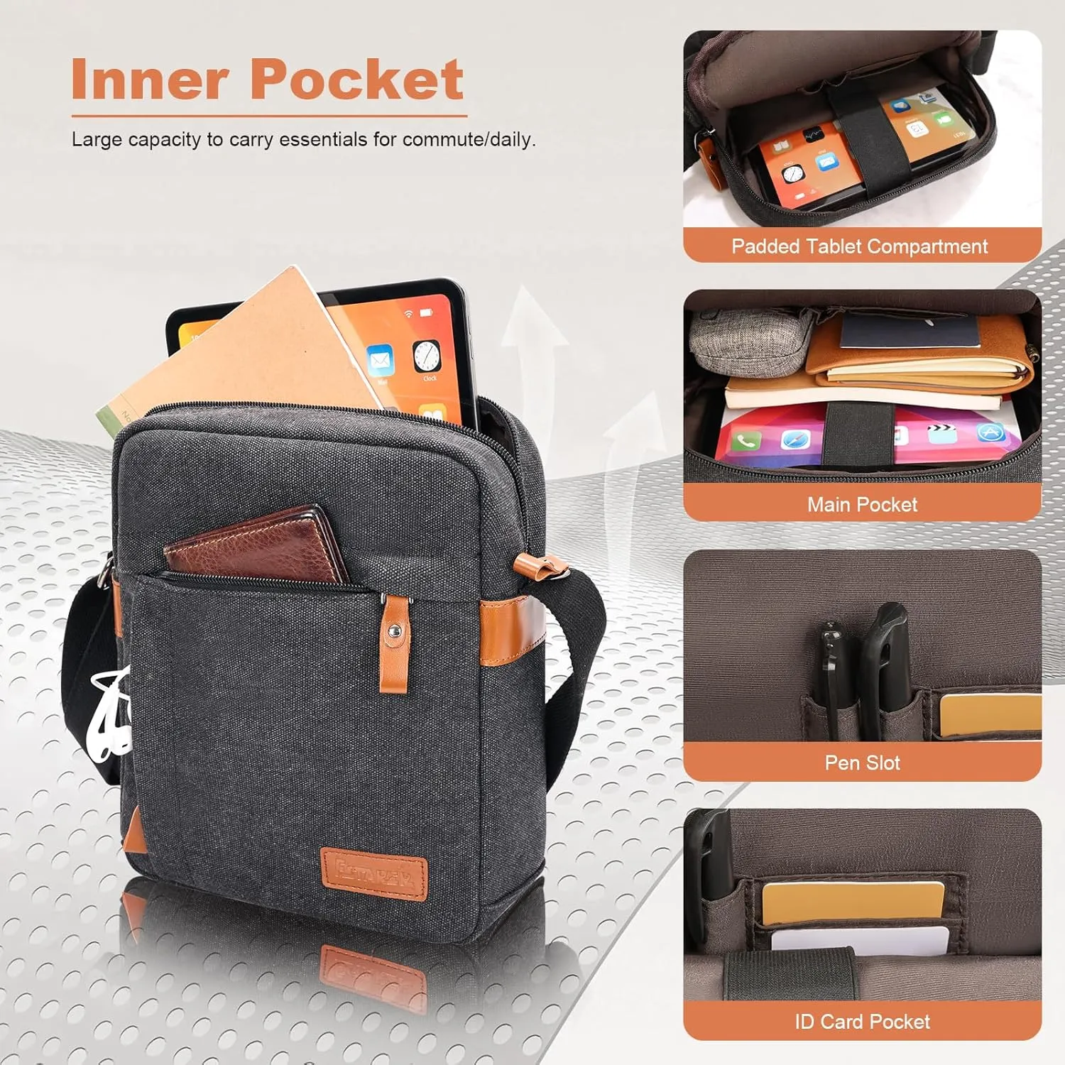 ESTARER Small Messenger Bag for Men, Mini Canvas Shoulder BagWater-Resistant Causal Crossbody Bag for 8-10 inTabletDark Gray