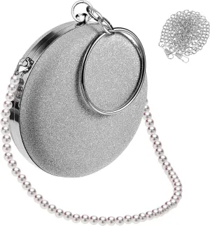 Evening Bag Set for Women Round Clutch Purse with Wrist Ring Pearl Chain Perfect for Wedding Party Prom Dance