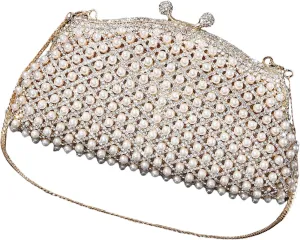 Evening HandbagWomen's Evening Clutches Bag Pearls Handbag Purse with Detachable Chain Strap for Wedding Party Night Out