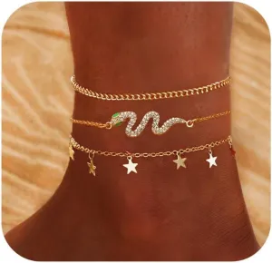 EXGOX Ankle Bracelets for Women 3-7PCS Dainty Layered Ankle Bracelets 14K Gold Plated Anklet Bracelets Set for Women Cuban Link Chain Heart Beaded Anklets Summer Beach Foot Chain Jewelry Gifts