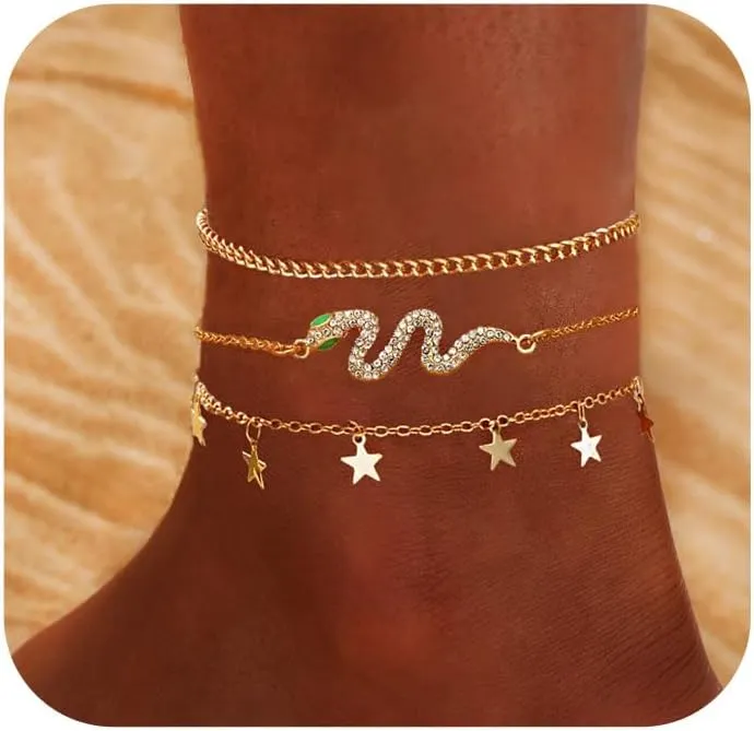 EXGOX Ankle Bracelets for Women 3-7PCS Dainty Layered Ankle Bracelets 14K Gold Plated Anklet Bracelets Set for Women Cuban Link Chain Heart Beaded Anklets Summer Beach Foot Chain Jewelry Gifts