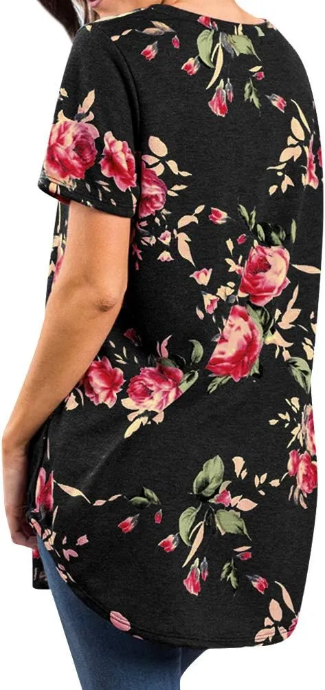 Ezcosplay Womens Round Neck Short Sleeve Tunics Floral Print Asymmetric Hem Shirt Tops