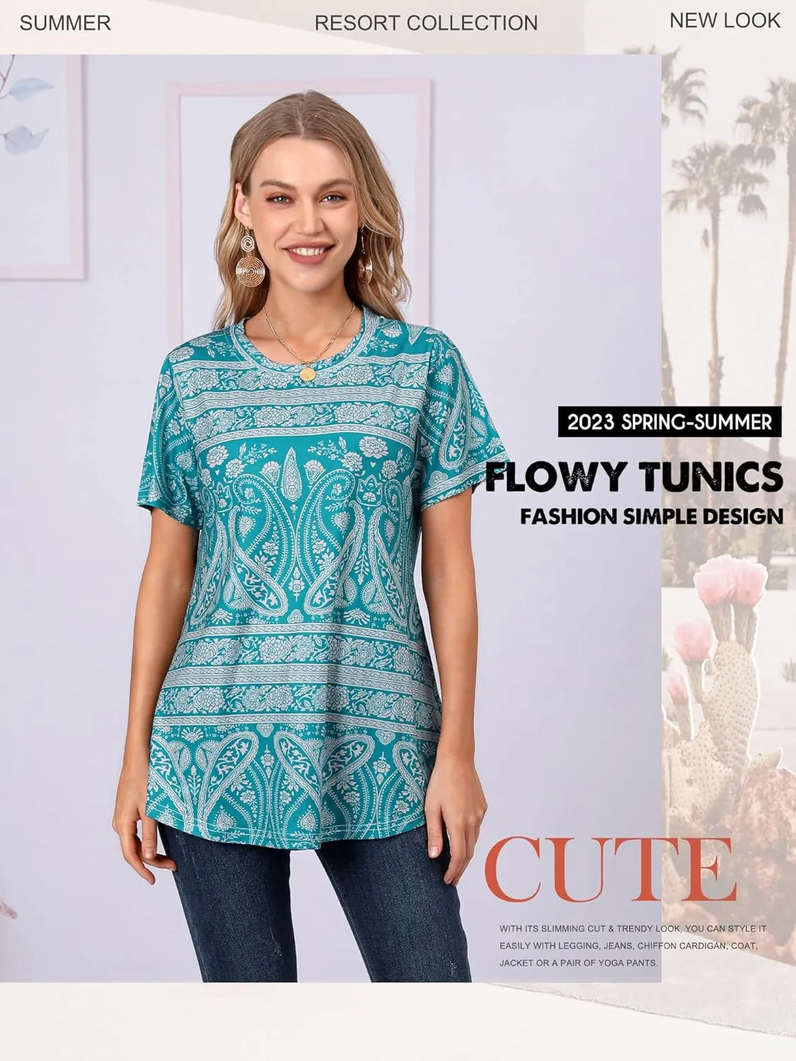 Ezcosplay Womens Round Neck Short Sleeve Tunics Floral Print Asymmetric Hem Shirt Tops