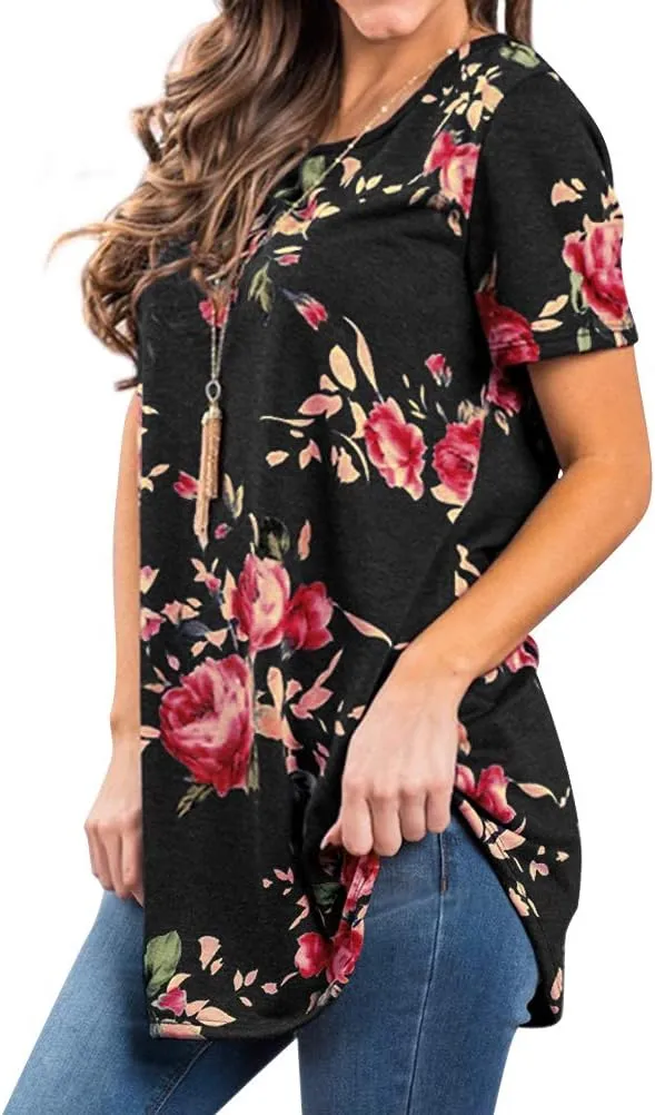 Ezcosplay Womens Round Neck Short Sleeve Tunics Floral Print Asymmetric Hem Shirt Tops