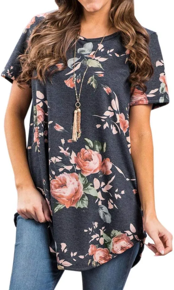 Ezcosplay Womens Round Neck Short Sleeve Tunics Floral Print Asymmetric Hem Shirt Tops