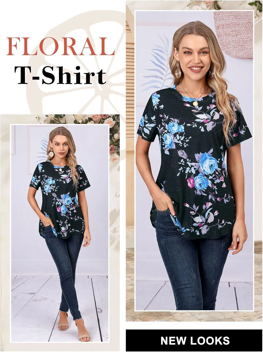 Ezcosplay Womens Round Neck Short Sleeve Tunics Floral Print Asymmetric Hem Shirt Tops