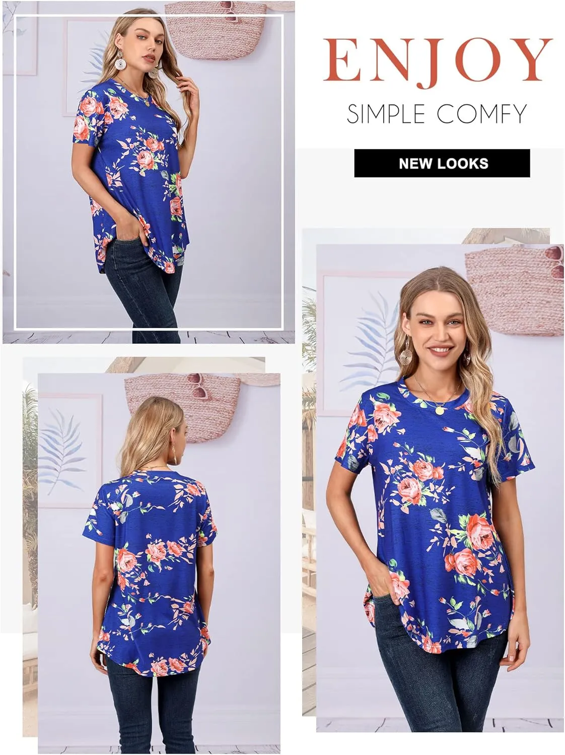 Ezcosplay Womens Round Neck Short Sleeve Tunics Floral Print Asymmetric Hem Shirt Tops