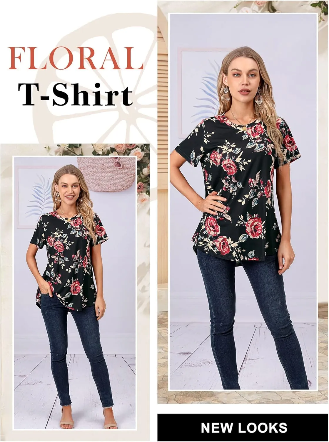 Ezcosplay Womens Round Neck Short Sleeve Tunics Floral Print Asymmetric Hem Shirt Tops