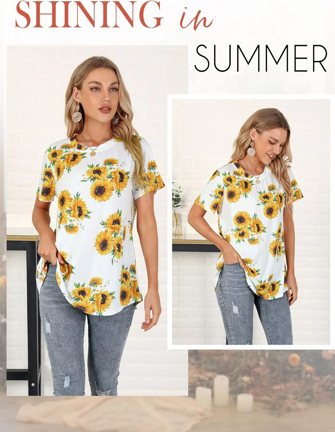 Ezcosplay Womens Round Neck Short Sleeve Tunics Floral Print Asymmetric Hem Shirt Tops