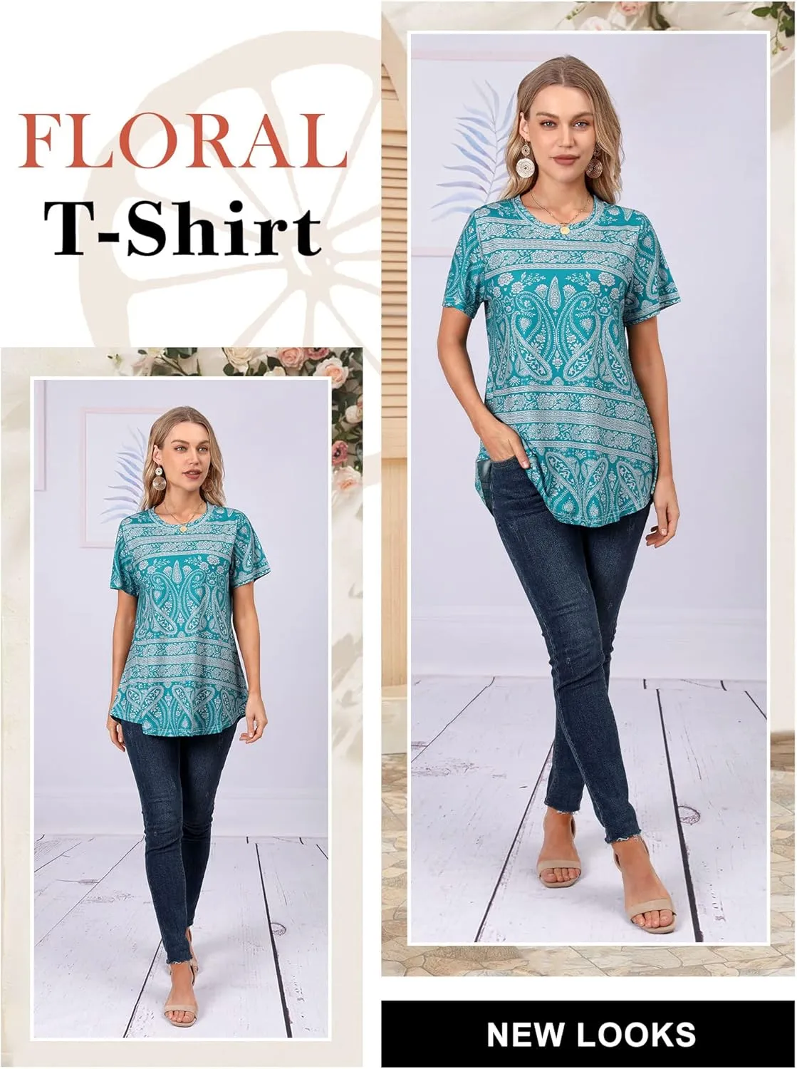 Ezcosplay Womens Round Neck Short Sleeve Tunics Floral Print Asymmetric Hem Shirt Tops