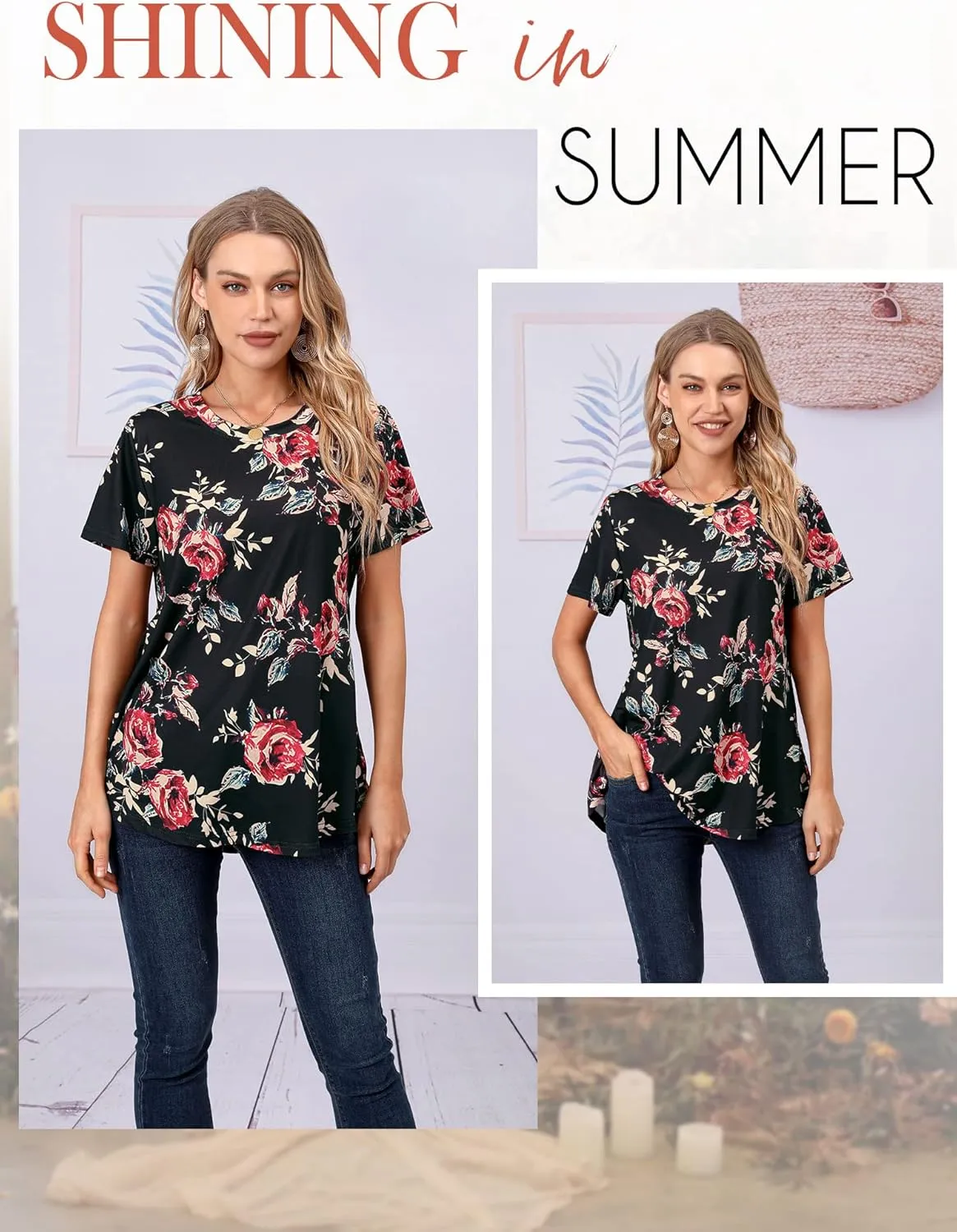 Ezcosplay Womens Round Neck Short Sleeve Tunics Floral Print Asymmetric Hem Shirt Tops