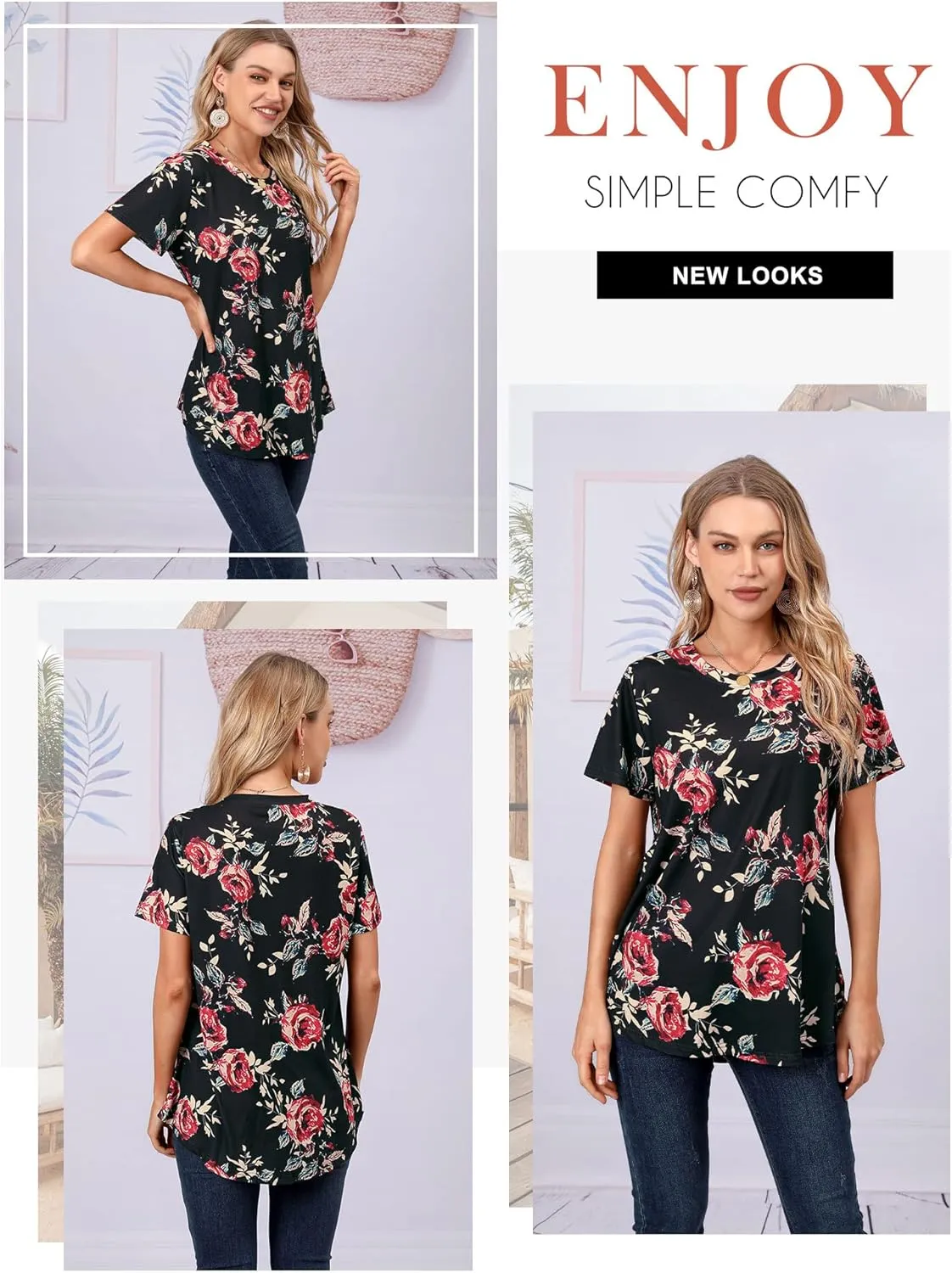 Ezcosplay Womens Round Neck Short Sleeve Tunics Floral Print Asymmetric Hem Shirt Tops