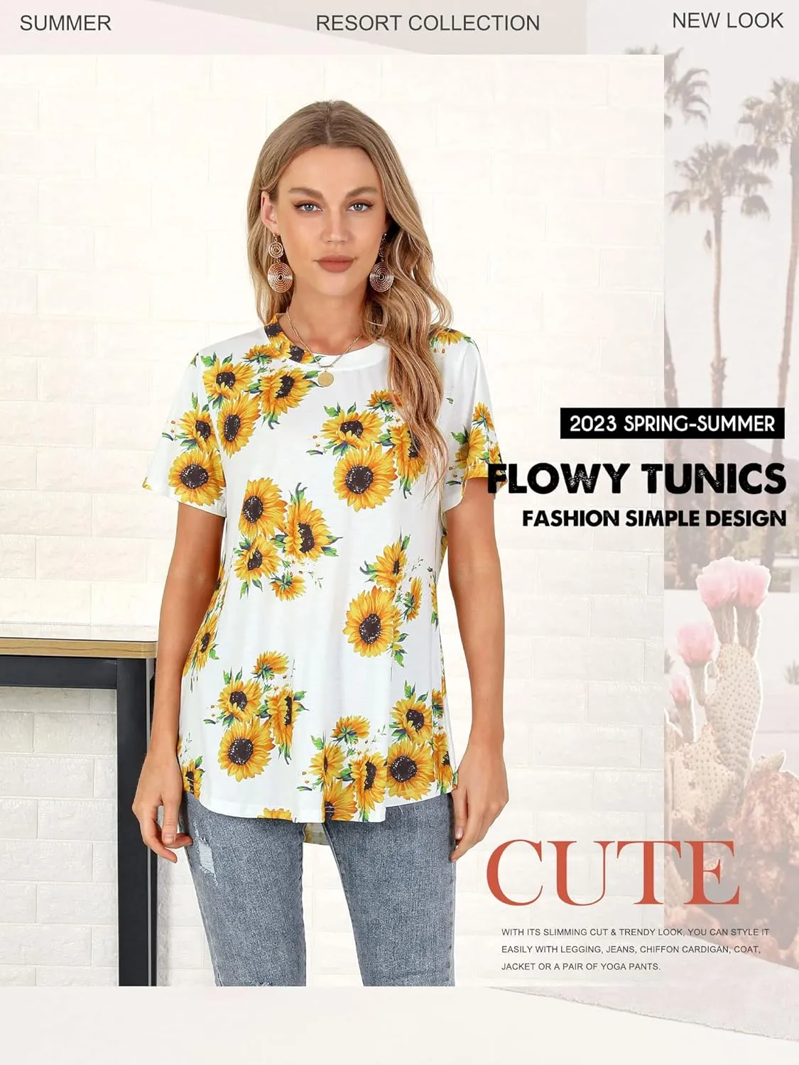 Ezcosplay Womens Round Neck Short Sleeve Tunics Floral Print Asymmetric Hem Shirt Tops
