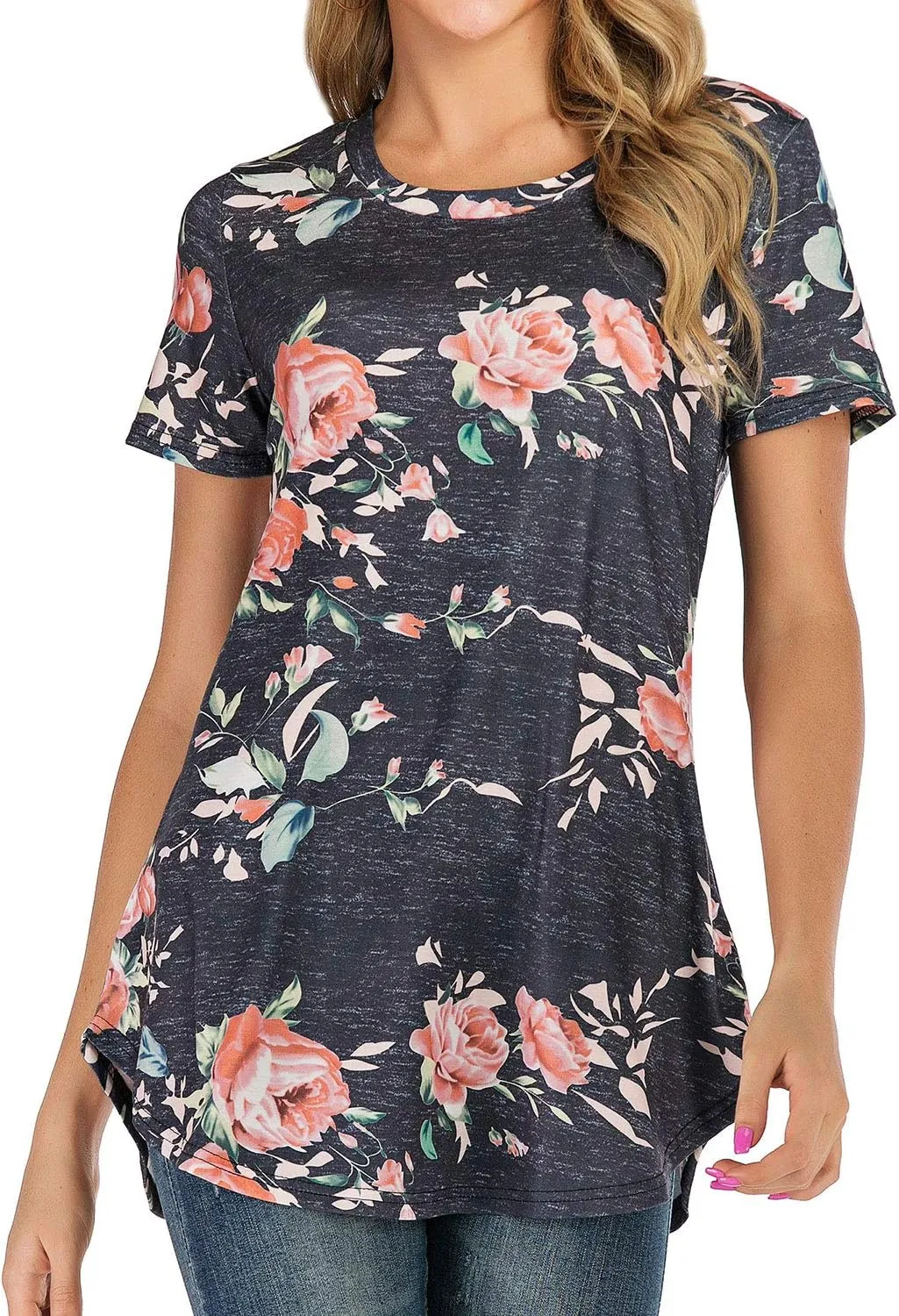 Ezcosplay Womens Round Neck Short Sleeve Tunics Floral Print Asymmetric Hem Shirt Tops