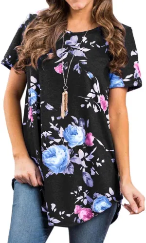 Ezcosplay Womens Round Neck Short Sleeve Tunics Floral Print Asymmetric Hem Shirt Tops